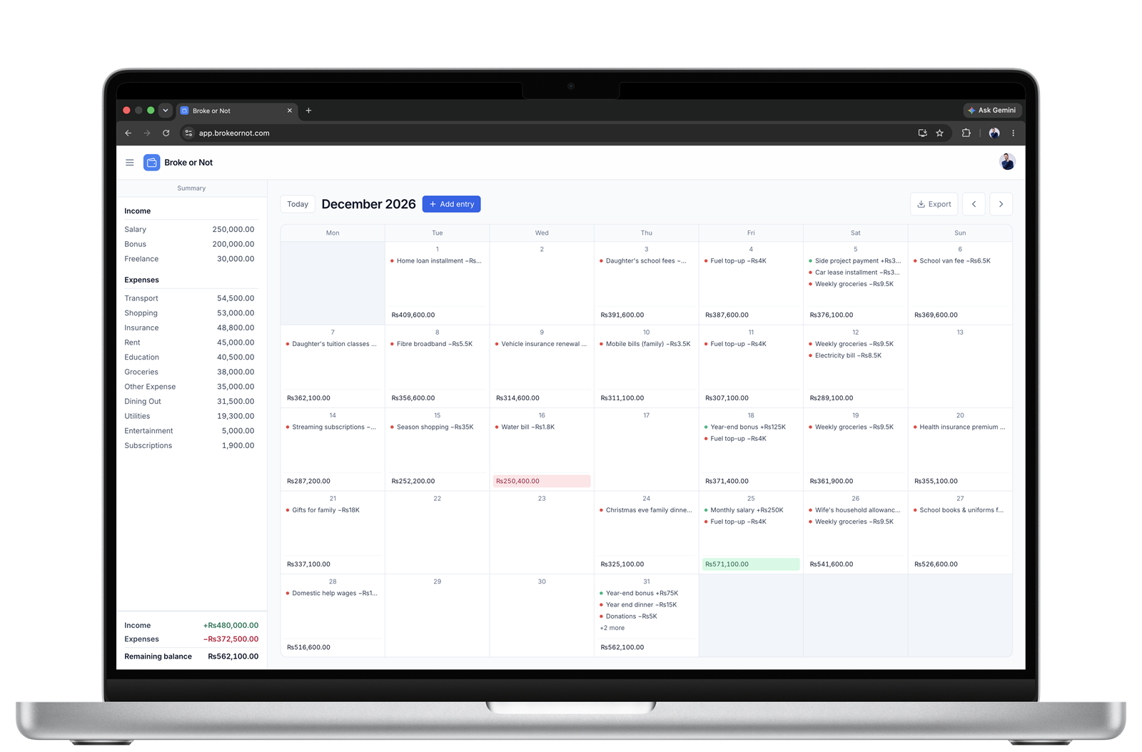 Broke or Not on a laptop: the December 2026 calendar with a projected balance under every day, and a sidebar summarising income and expenses by category.