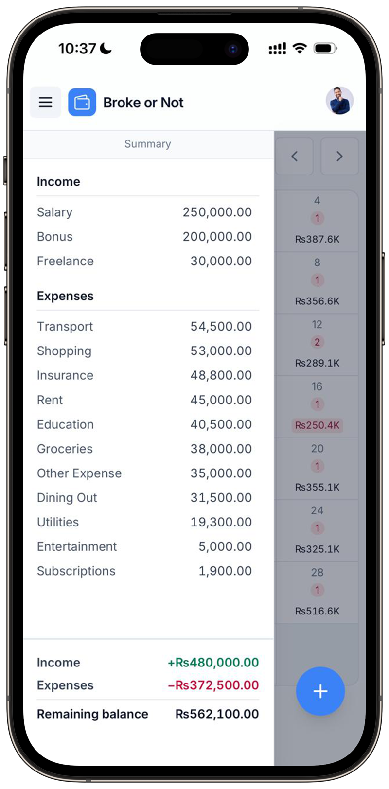 Monthly summary listing income by category and expenses by category, ending with total income, total expenses and the remaining balance.