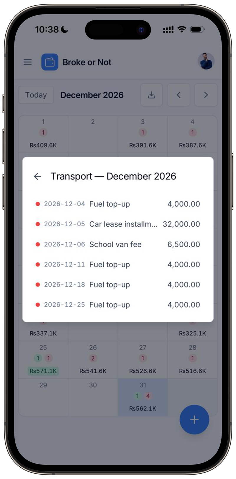 Transport spending for December 2026 broken out into individual entries: fuel top-ups, a car lease installment and a school van fee, each with its date and amount.