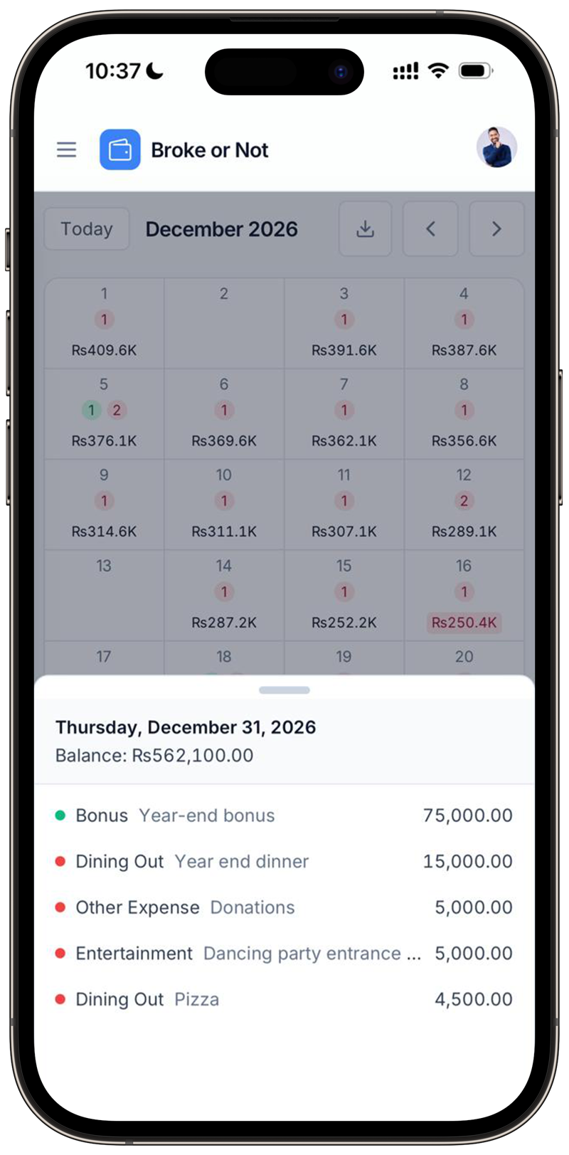 Day sheet for Thursday, December 31, 2026 showing a projected balance of Rs562,100 and the bonus, dining-out, donation and entertainment entries behind it.